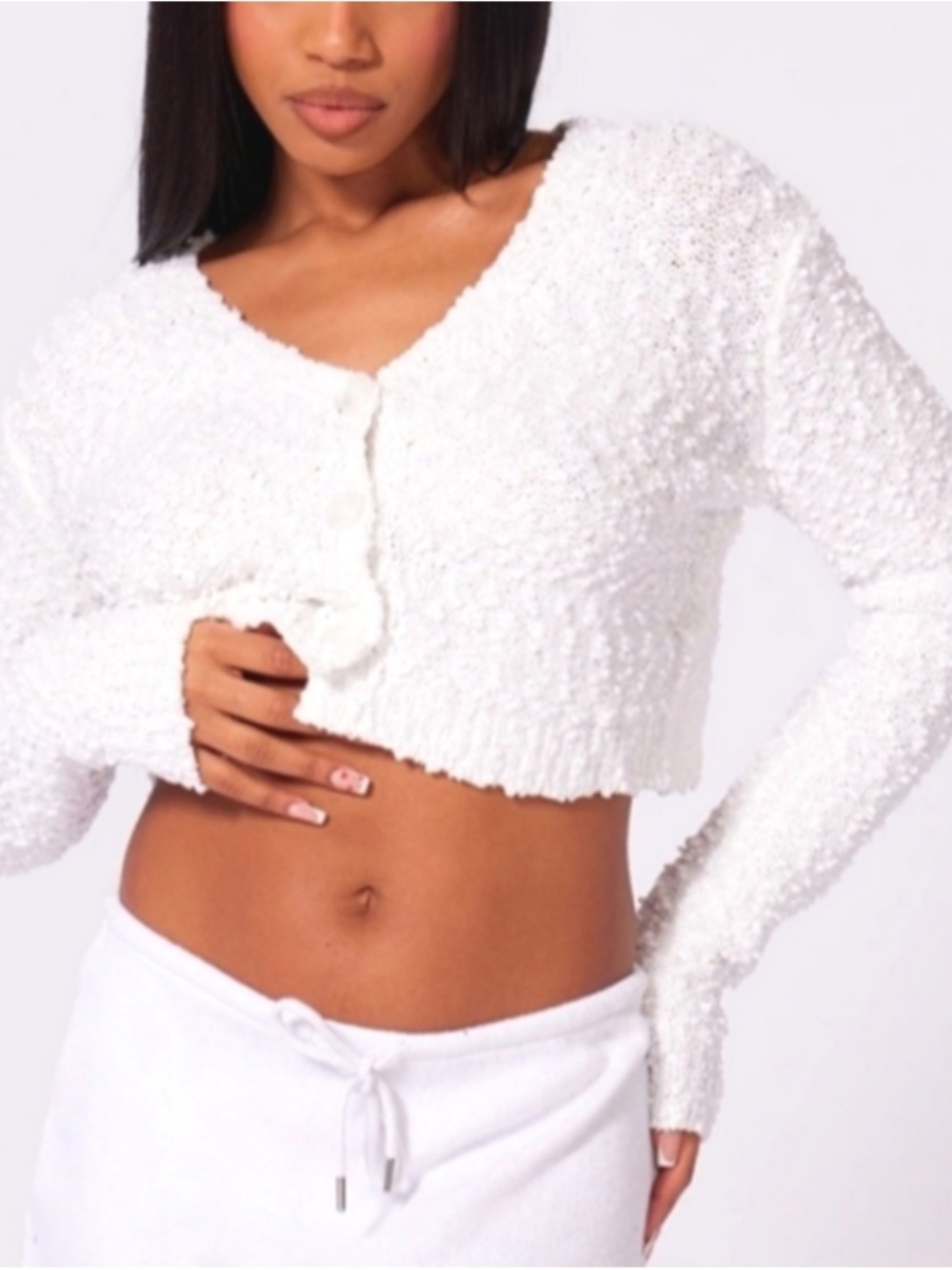 PrettyLittleThing Bobble Knit Cropped Cardigan, White XS